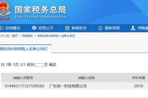 我司荣获“2018年度纳税信誉A级纳税人”证书